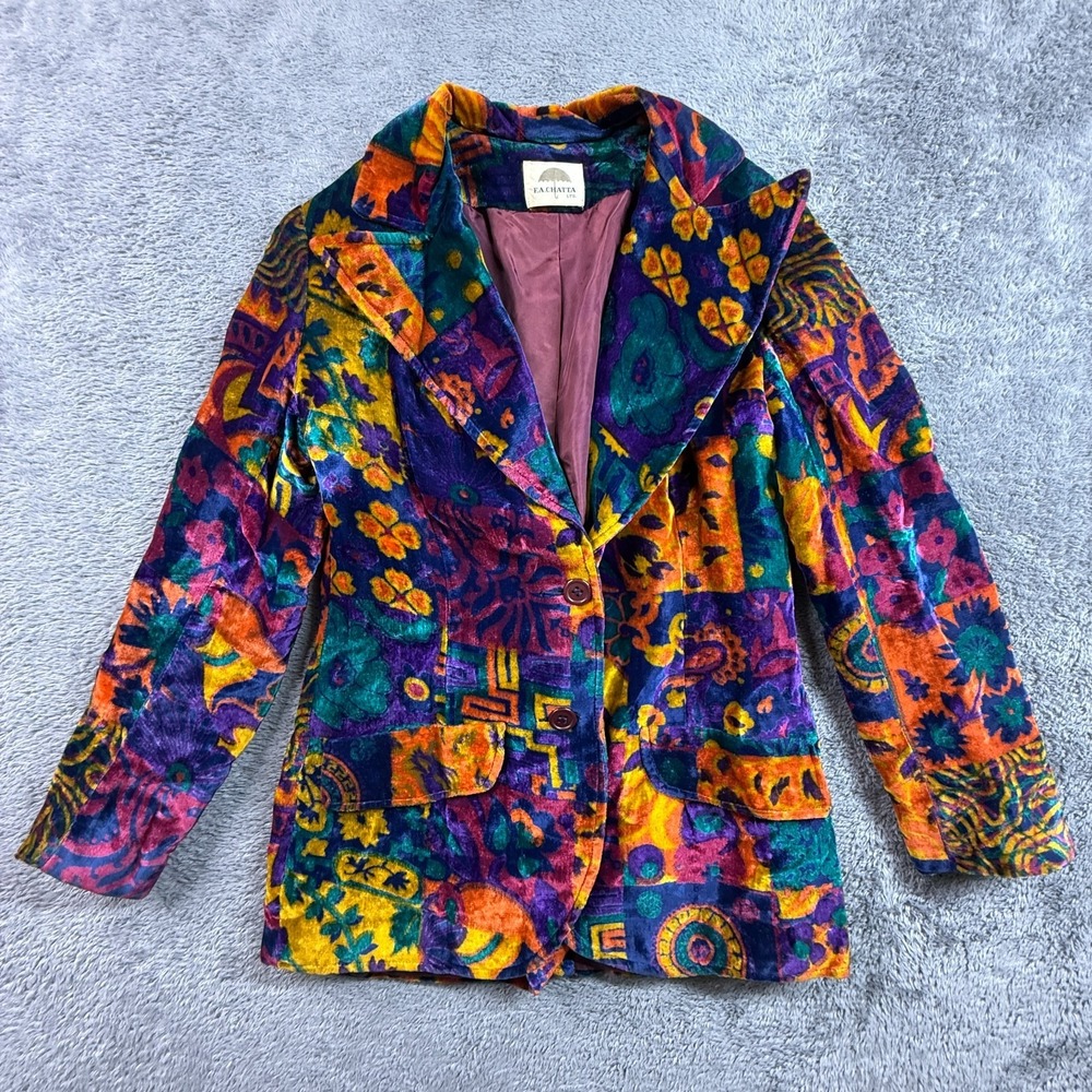 F.A. Chatta Ltd Womens XS Vintage 70s Velvet Blazer Psychedelic Floral Jacket